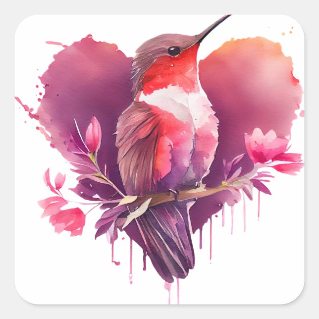 Pegatina Cuadrada Bonito Hummingbird Valentine (Anverso)
