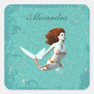 Pegatina Cuadrada Bonito Koi Sirena Nadando Subacuática