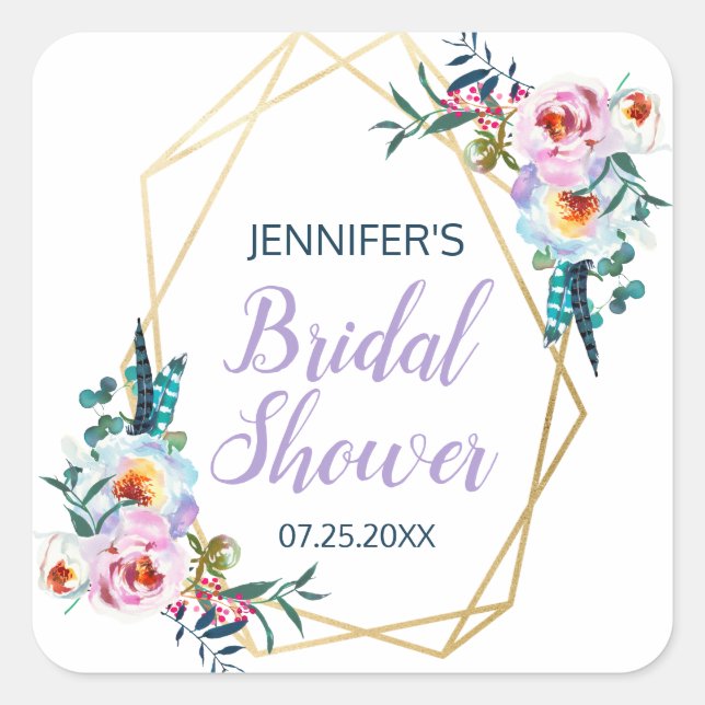 Pegatina Cuadrada Bonito Lavender Boho Floral Bridal Shower (Anverso)