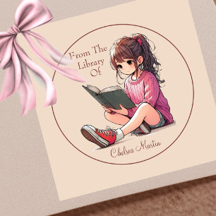 Pegatina Cuadrada Bonito Libro de lectura de Chica joven