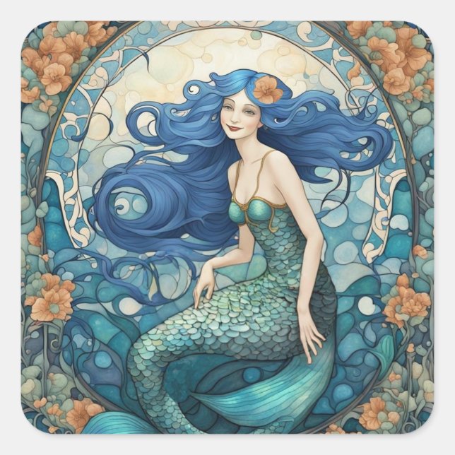 Pegatina Cuadrada Bonito Mermaid Art Nouveau Art Deco Azul (Anverso)