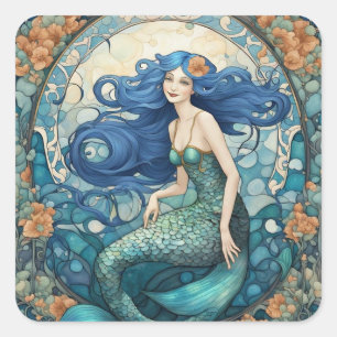 Pegatina Cuadrada Bonito Mermaid Art Nouveau Art Deco Azul