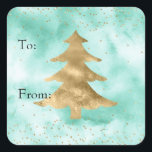 Pegatina Cuadrada Bonito Mint Green Watercolor Gold Christmas Tree<br><div class="desc">Bonito Mint Green Watercolor Gold Stripes Christmas Tree y Confetti sparkle dots a y desde etiquetas para regalos</div>