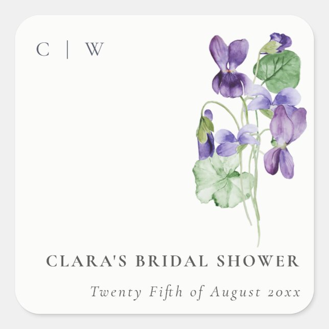 Pegatina Cuadrada Bonito Monograma Violet Floral Bunch Bridal Shower (Anverso)
