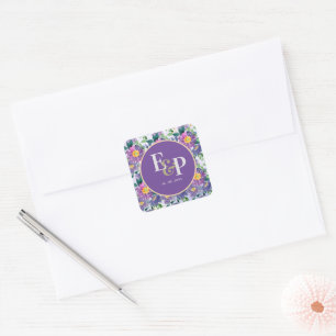 Pegatina Cuadrada Bonito Morado Azul Floral Monograma Boda