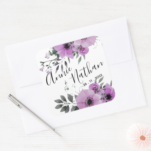 Pegatina Cuadrada Bonito Morado Floral Cute Romántico Script Boda (Sobre)