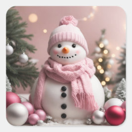 Pegatina Cuadrada Bonito Navidades rosados Snowman