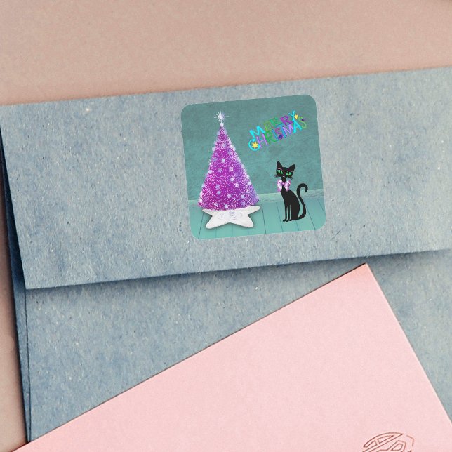 Pegatina Cuadrada Bonito Negro Cat Rosa Bow Árbol de Navidad Rosa Ve (Mid century Christmas pink silver tree pretty black cat in teal coloured room on stickers.)