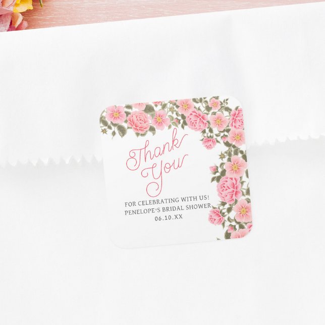 PEGATINA CUADRADA BONITO PINK WILD ROSAS BRIDAL DUCHA GRACIAS (Subido por el creador)