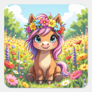 Pegatina Cuadrada Bonito Pony con flores