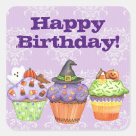 Pegatina Cuadrada Bonito Purple Halloween Cupcakes Happy Birday