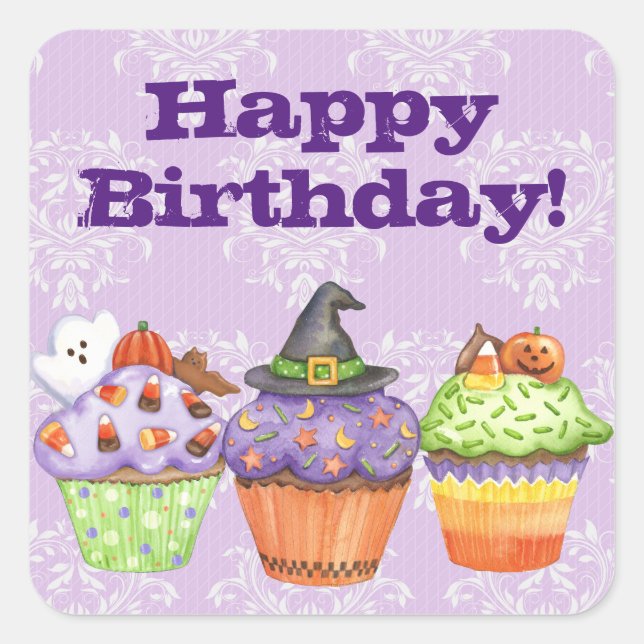 Pegatina Cuadrada Bonito Purple Halloween Cupcakes Happy Birday (Anverso)
