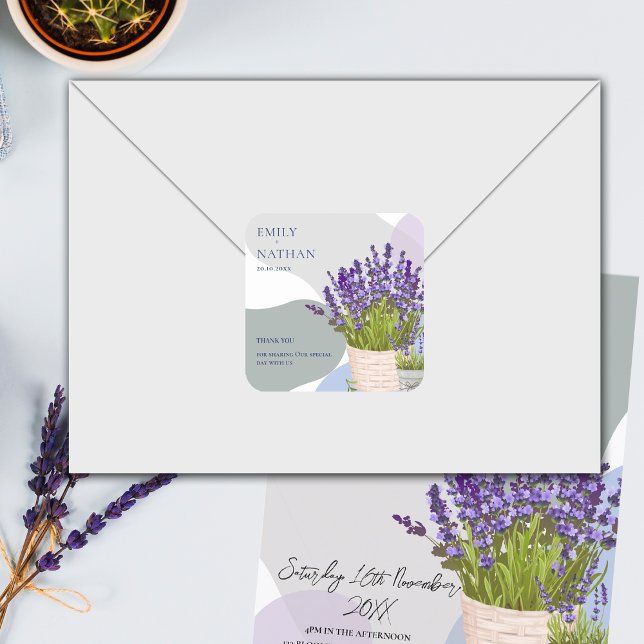 Pegatina Cuadrada Bonito Purple Lavender Boda Floral Gracias (Pretty Purple Lavender Floral Wedding Thank You Square Sticker)