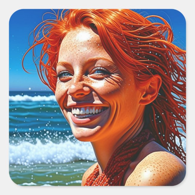 Pegatina Cuadrada Bonito Red Haired Lady at Beach ai art (Anverso)
