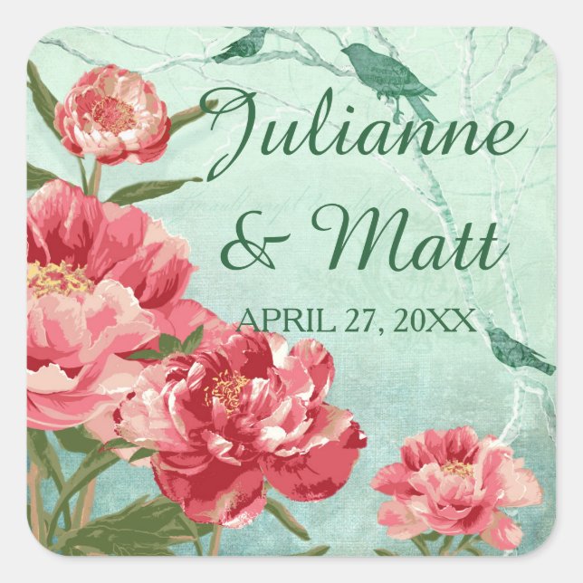 Pegatina Cuadrada Bonito Retro Flower Favor Seals Chintz Peonies (Anverso)