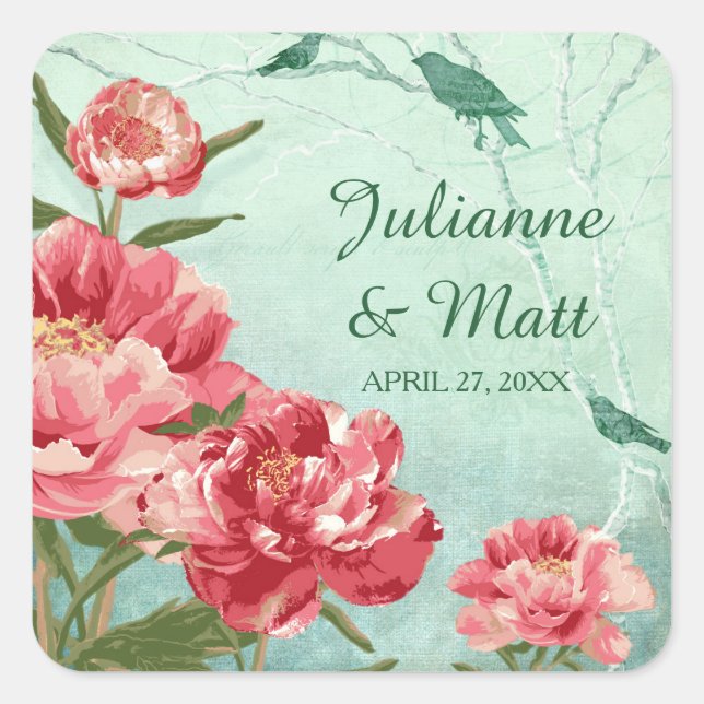 Pegatina Cuadrada Bonito Retro Flower Favor Seals Chintz Peonies (Anverso)