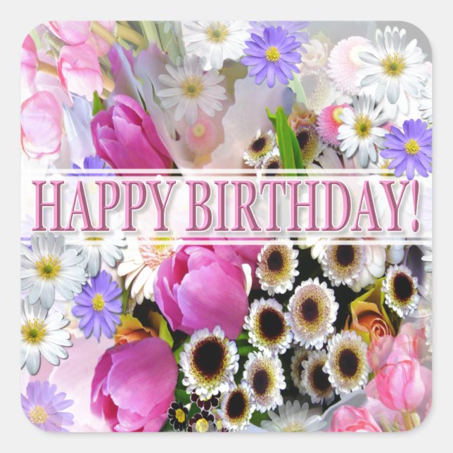 Pegatina Cuadrada Bonito Spring Flower Bouquet Happy Birday (Anverso)