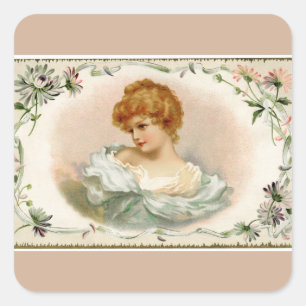 Pegatina Cuadrada Bonito Victoriana Lady Floral Beige Square Pegatin