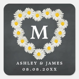 Pegatina Cuadrada Bonitos Daisies Monograma Boda Chalkboard