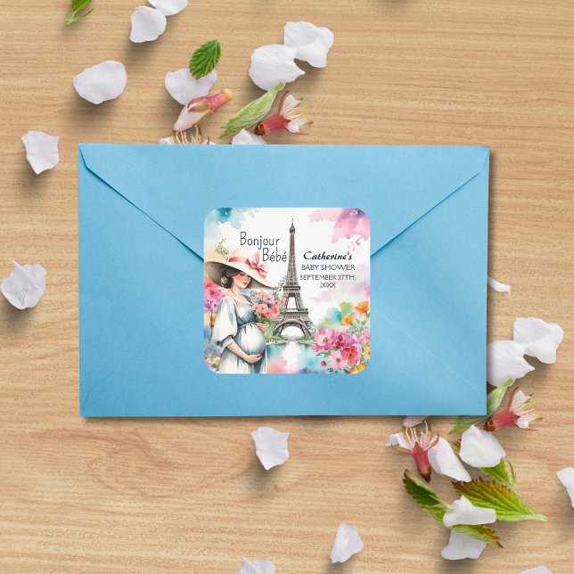Pegatina Cuadrada Bonjour Bebe Floral Eiffel Torre Paris Baby Shower (Subido por el creador)