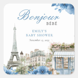 Pegatina Cuadrada Bonjour Bebe French Blue Baby Shower