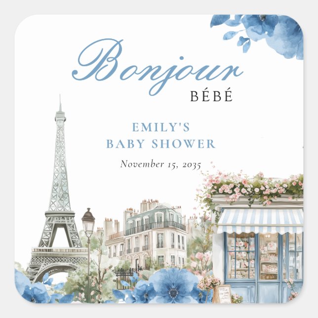 Pegatina Cuadrada Bonjour Bebe French Blue Baby Shower (Anverso)
