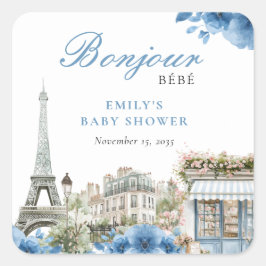 Pegatina Cuadrada Bonjour Bebe French Blue Baby Shower