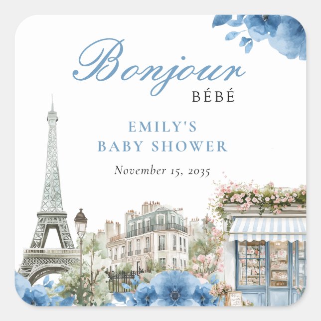 Pegatina Cuadrada Bonjour Bebe French Blue Baby Shower (Anverso)