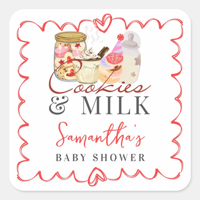 Pegatina Cuadrada Bonjour Bébé Milk and Cookies Baby Shower moderno (Anverso)