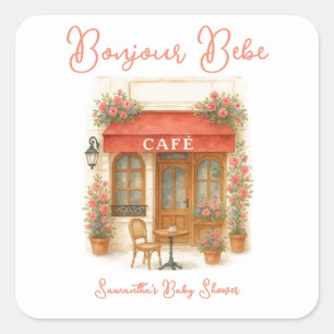 Pegatina Cuadrada Bonjour Bebe Paris French Cafe Baby Shower