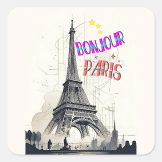 Pegatina Cuadrada Bonjour Colorful Paris