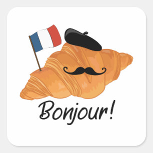 Pegatina Cuadrada Bonjour Croissant francés - Comida divertida en Fr