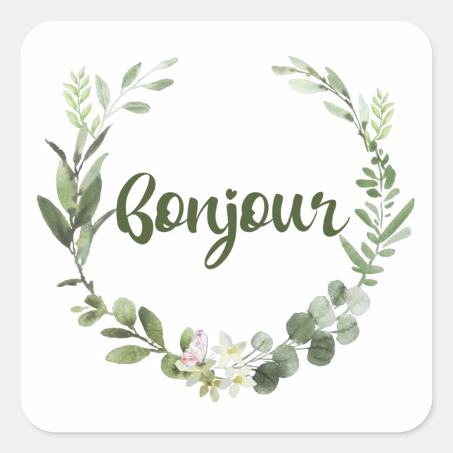 Pegatina Cuadrada Bonjour Hello French (Anverso)