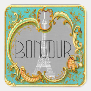 Pegatina Cuadrada Bonjour Paris Vintage French Eiffel Tower Collage