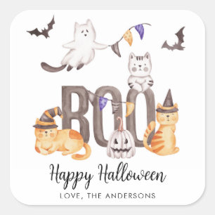 Pegatina Cuadrada Boo cute feliz gatos de Halloween fantasean al Fie