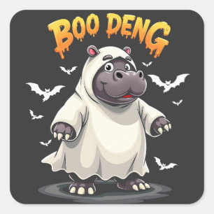 Pegatina Cuadrada Boo Deng Ghost Baby Pygmy Hippo Moo Deng Halloween