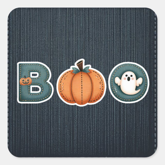 Pegatina Cuadrada BOO Denim Rústica Calabaza Fantasma Halloween (Anverso)