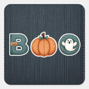 Pegatina Cuadrada BOO Denim Rustico País Calabaza Fantasma Halloween