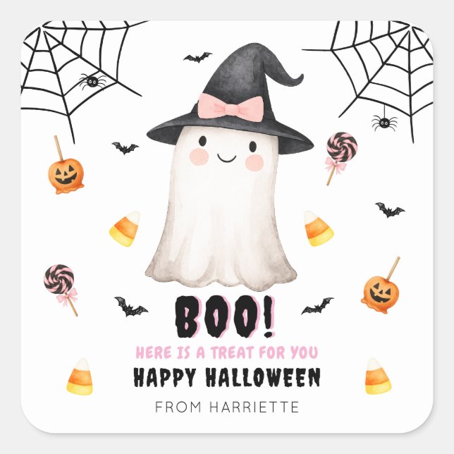 Pegatina Cuadrada Boo Happy Halloween Cute Ghost (Anverso)