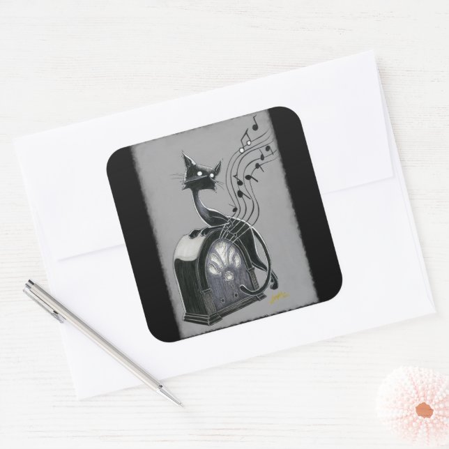 Pegatina Cuadrada Boo Kitty oye la música (Sobre)