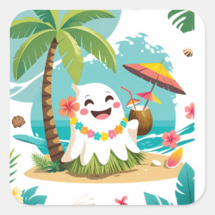 Pegatina Cuadrada Boo tropical - Vacaciones de fantasma en Hawái en 