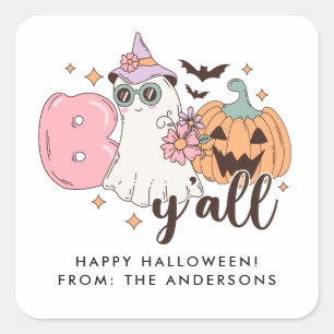 Pegatina Cuadrada Boo y'all Retro Groovy Halloween