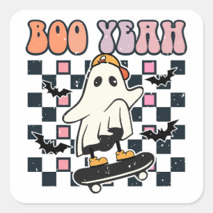 Pegatina Cuadrada Boo Yeah - Skateboard Retro Cute Ghost
