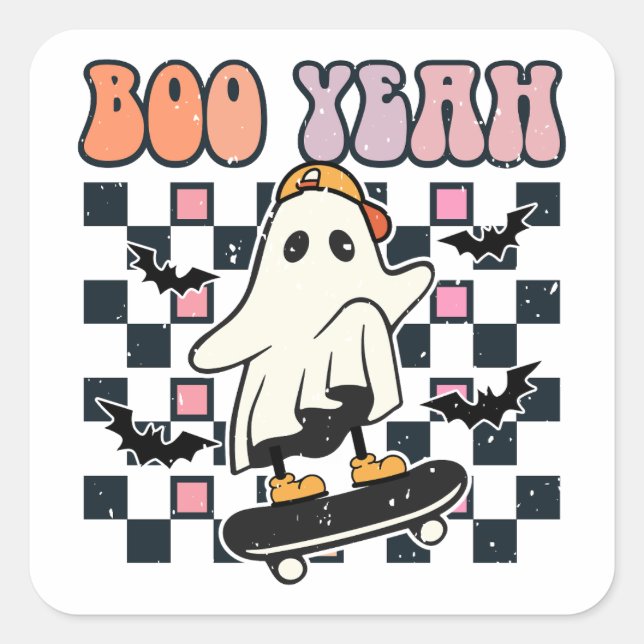 Pegatina Cuadrada Boo Yeah - Skateboard Retro Cute Ghost (Anverso)