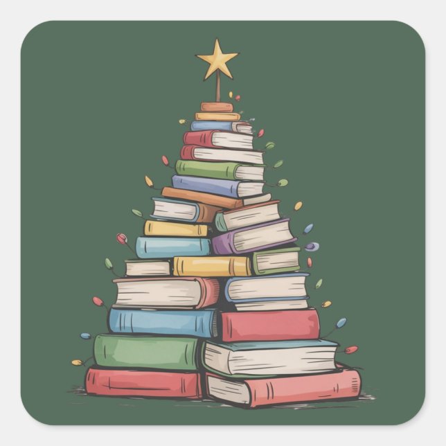 Pegatina Cuadrada Book Christmas Tree Retro Bookworm Library  (Anverso)
