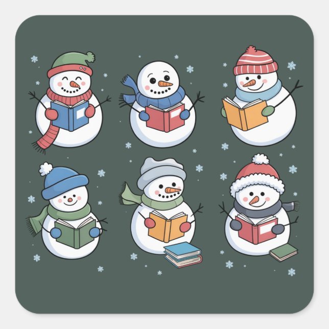 Pegatina Cuadrada Book Lover Snowman Reading Gift Teacher Winter  (Anverso)