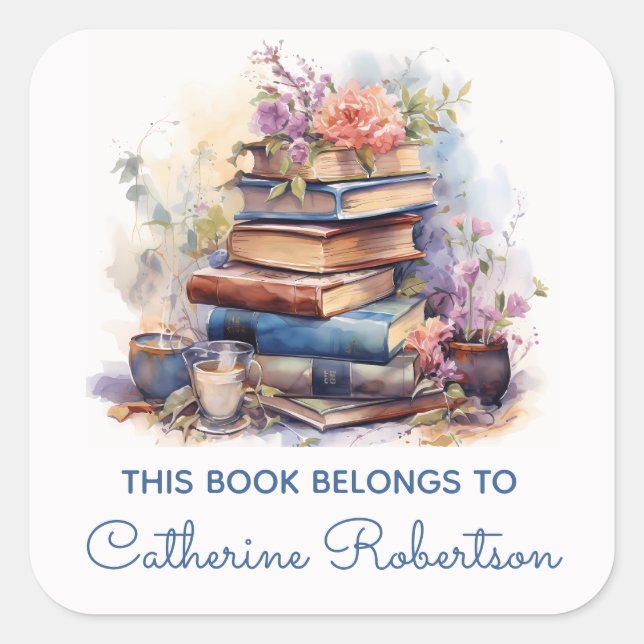 Pegatina Cuadrada Book Stack This Book belongs to Name Bookplate (Anverso)