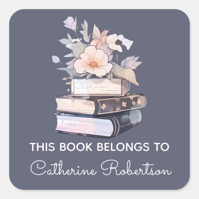 Pegatina Cuadrada Book Stack This Book belongs to Name Bookplate (Anverso)