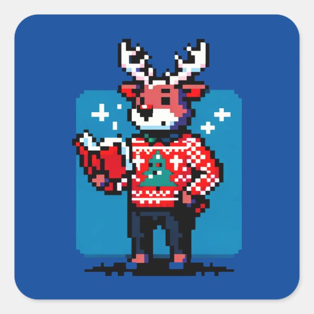 Pegatina Cuadrada Bookish Reindeer - Cosy diseño de Navidades de art (Anverso)