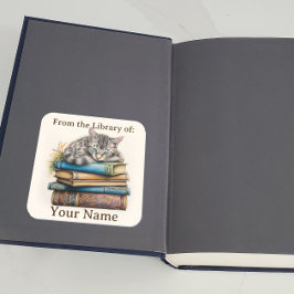 Pegatina Cuadrada Bookplate con gato escondido en los libros